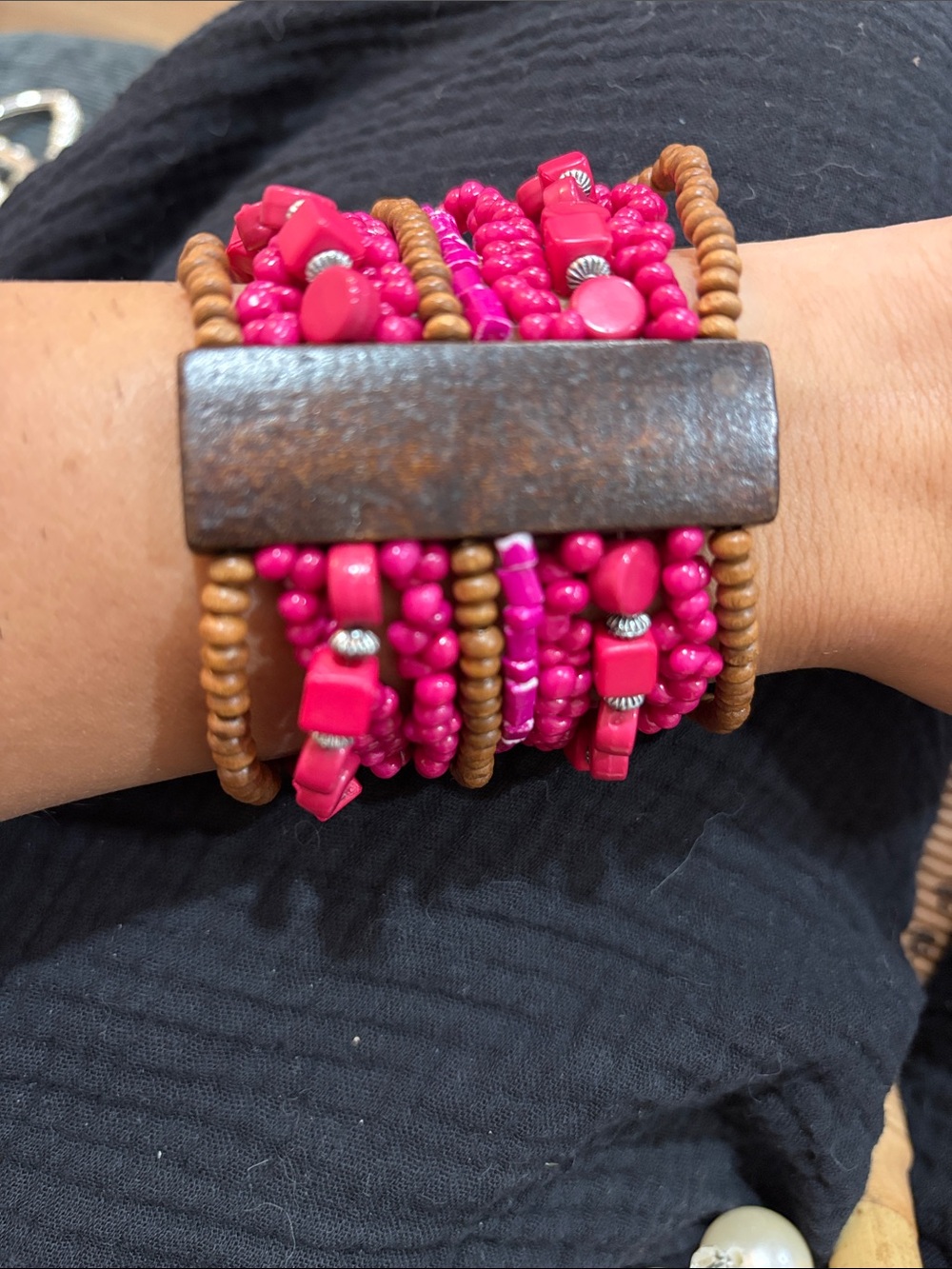 5-Handmade Pink Beaded Multi-Strand Wood Cuff Bracelet